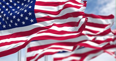 Three USA Flags Waving in the Wind